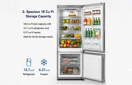 Spacious 18 Cu Ft Storage Capacity | Smeta bottom freezer refrigerator with ice maker